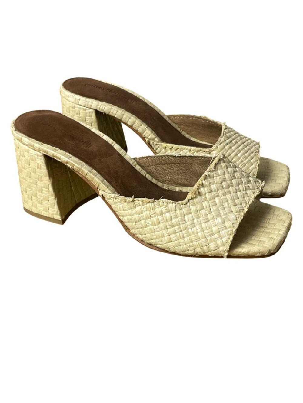 Jeffrey Campbell Melange Raffia Crosswoven Chunky Heels Tan Sz 9 Square Toe Revo